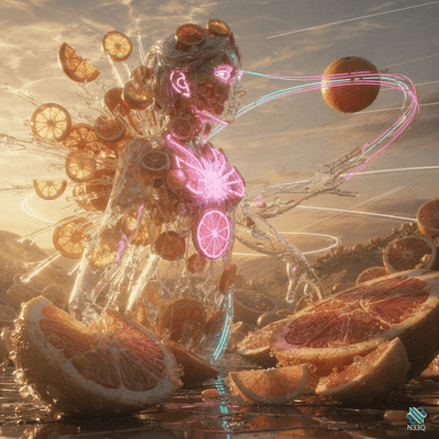 Neon Glowing Woman Amid Exploding Citrus