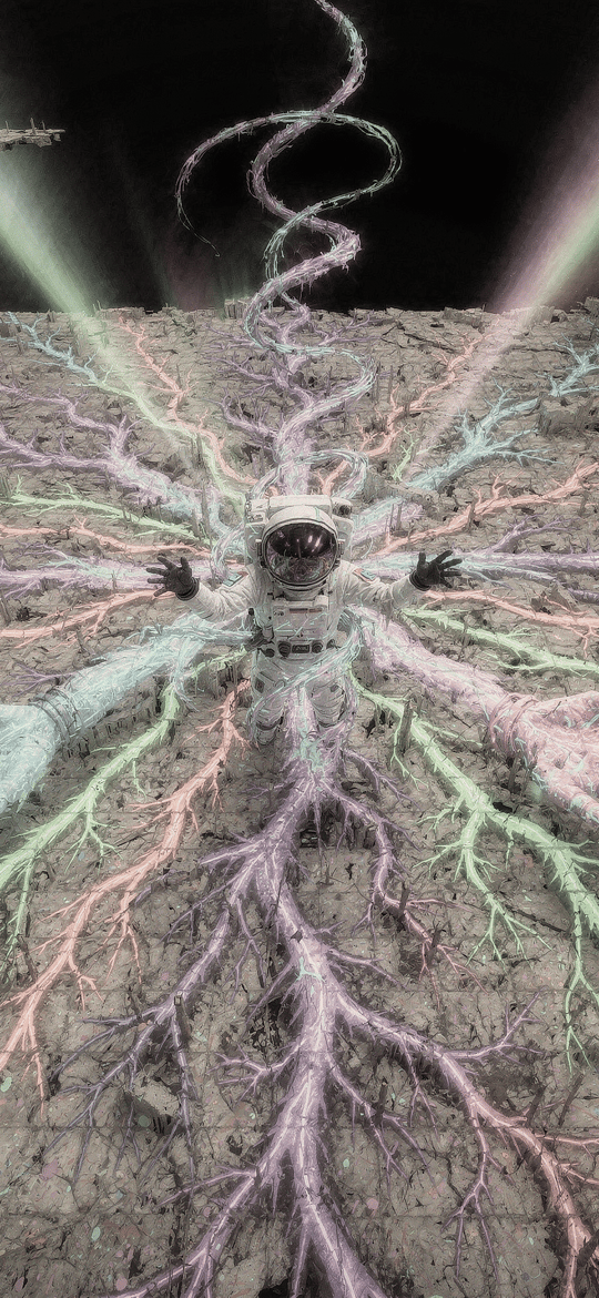 Astronaut Amidst Radiating Glowing Veins in Ruins