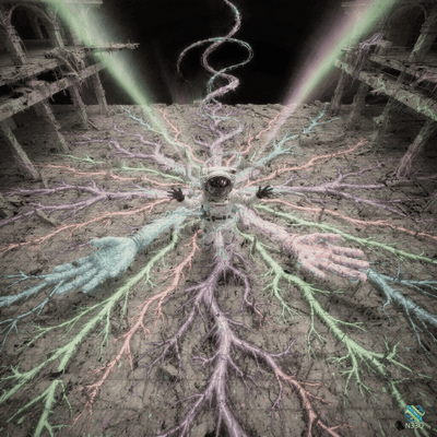 Astronaut Amidst Radiating Glowing Veins in Ruins