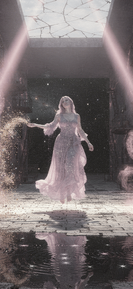 Woman Casting Sparks in Crumbling Hall