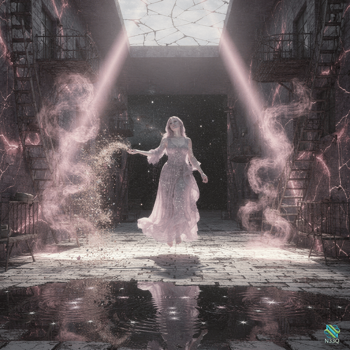 Woman Casting Sparks in Crumbling Hall