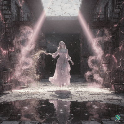 Woman Casting Sparks in Crumbling Hall