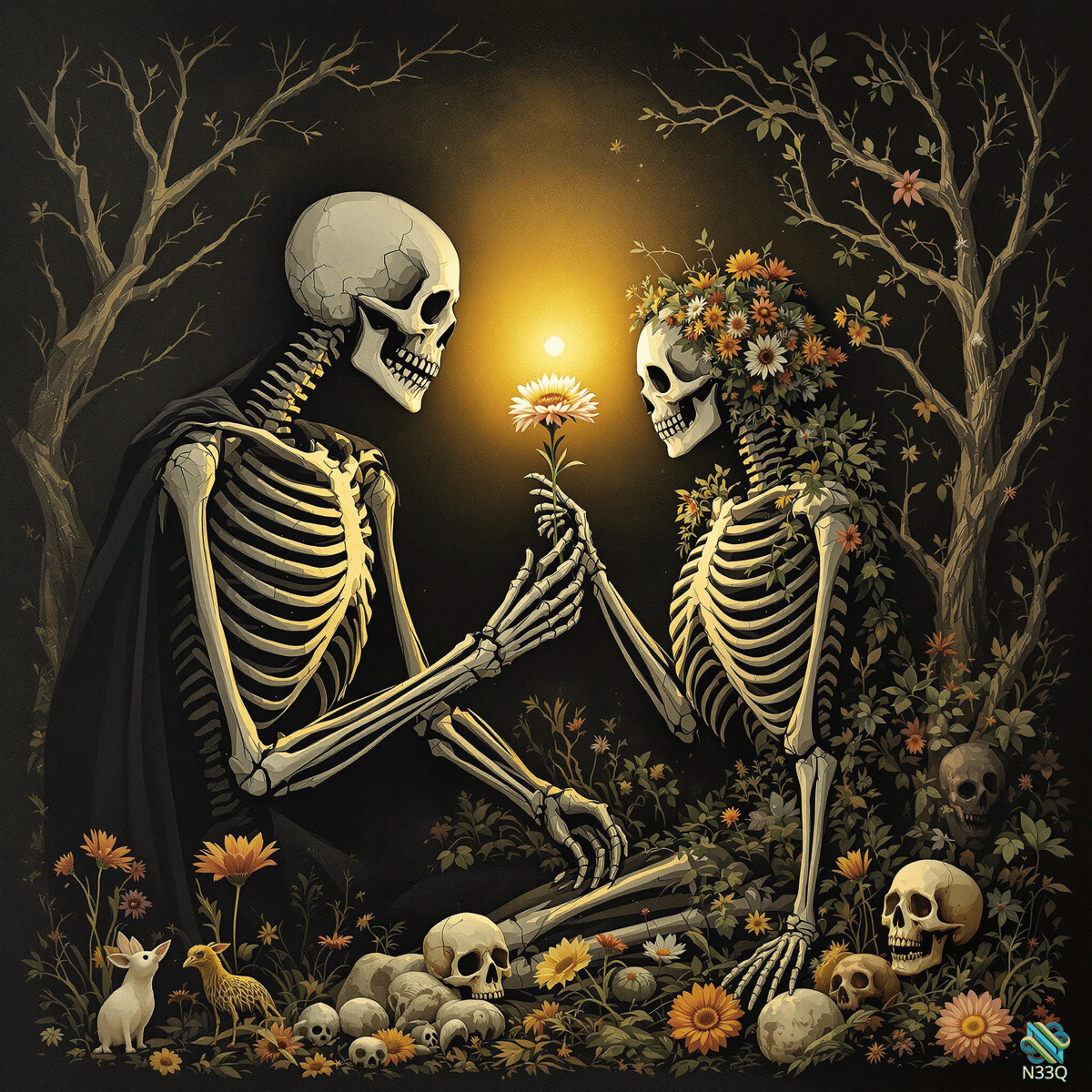 Skeletons Exchanging Flower in Moonlit Forest