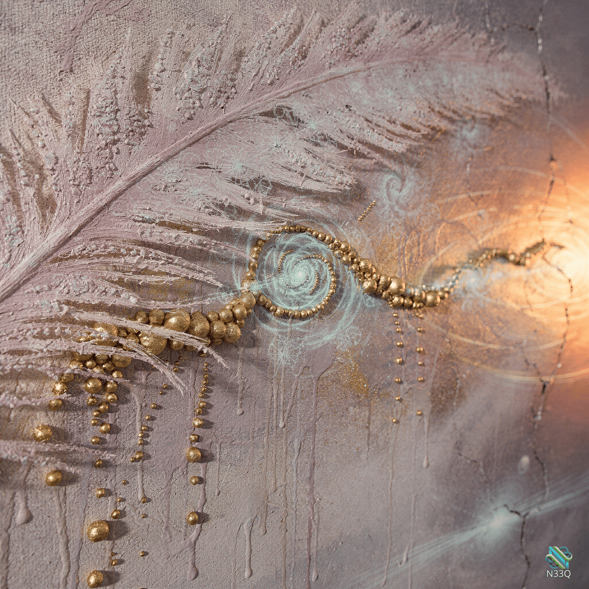 Golden Spiral Feather with Dripping Beads