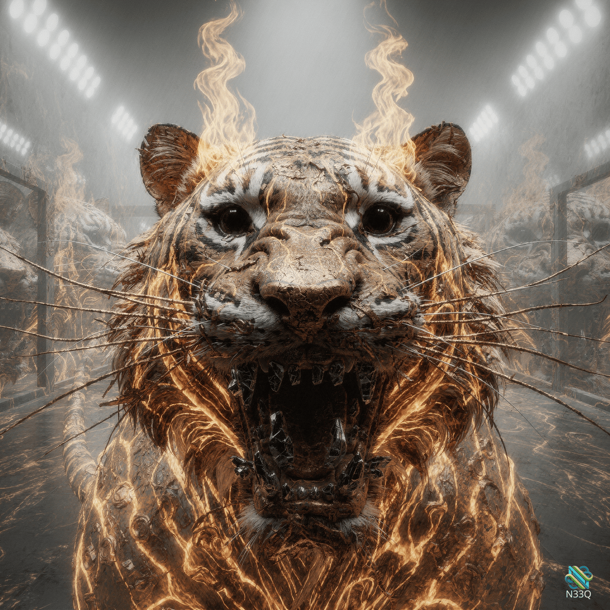 Fiery Tiger Roaring with Flames
