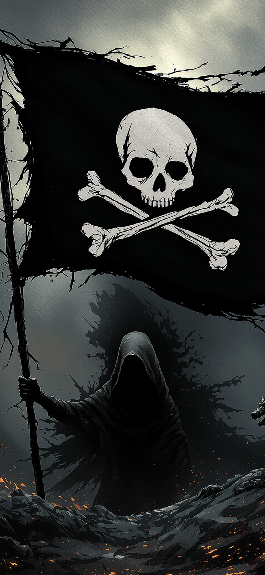 Hooded Figure with Tattered Pirate Flag