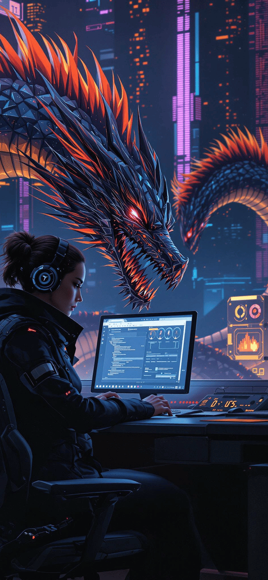 Woman Coding with Coiled Neon Dragon