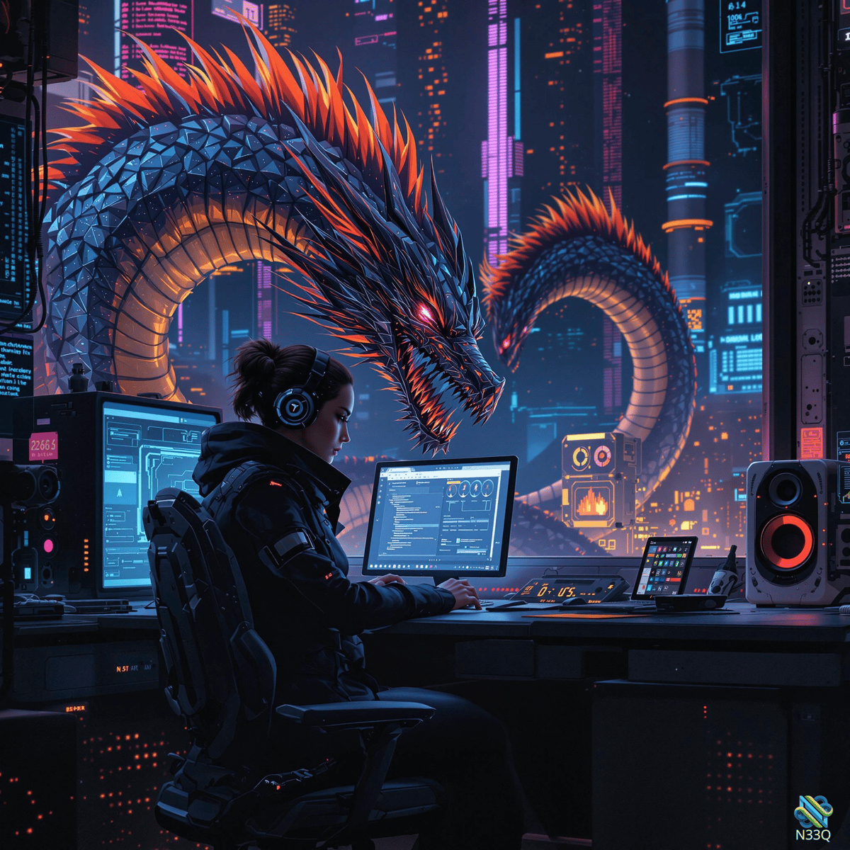 Woman Coding with Coiled Neon Dragon