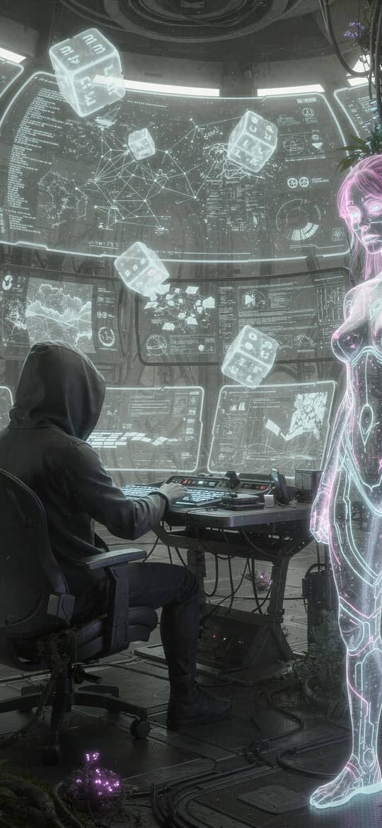 Hooded Hacker and Pink Holographic Woman