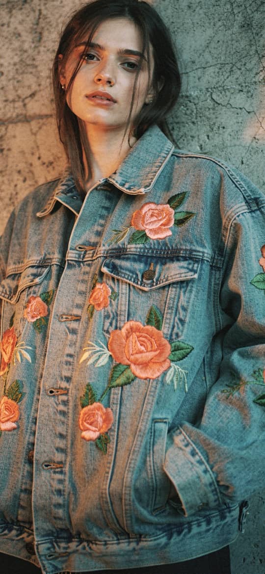 Woman in Rose-Embroidered Denim Jacket