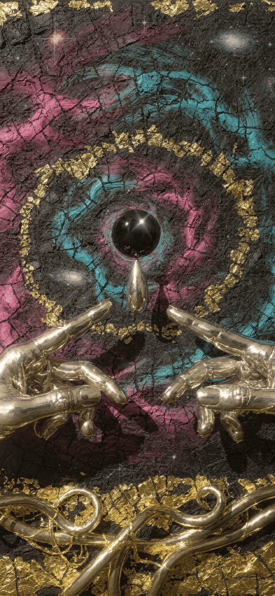 Silver Hands Reaching for Black Cosmic Sphere