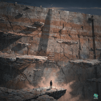 Lone Figure Before Massive Cracked Wall