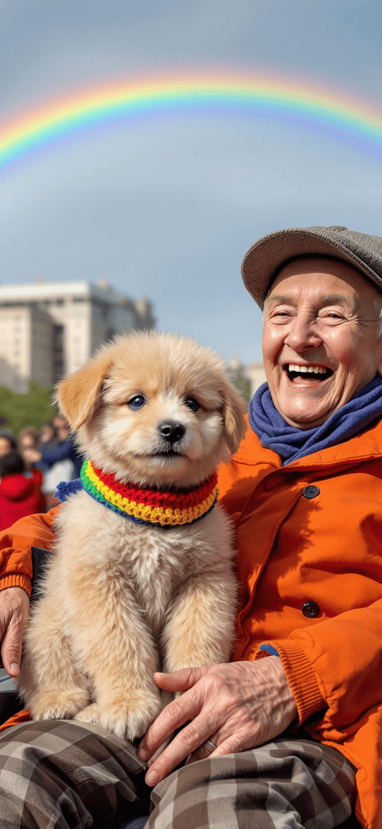 Elderly Man Laughing with Puppy Under Rainbow