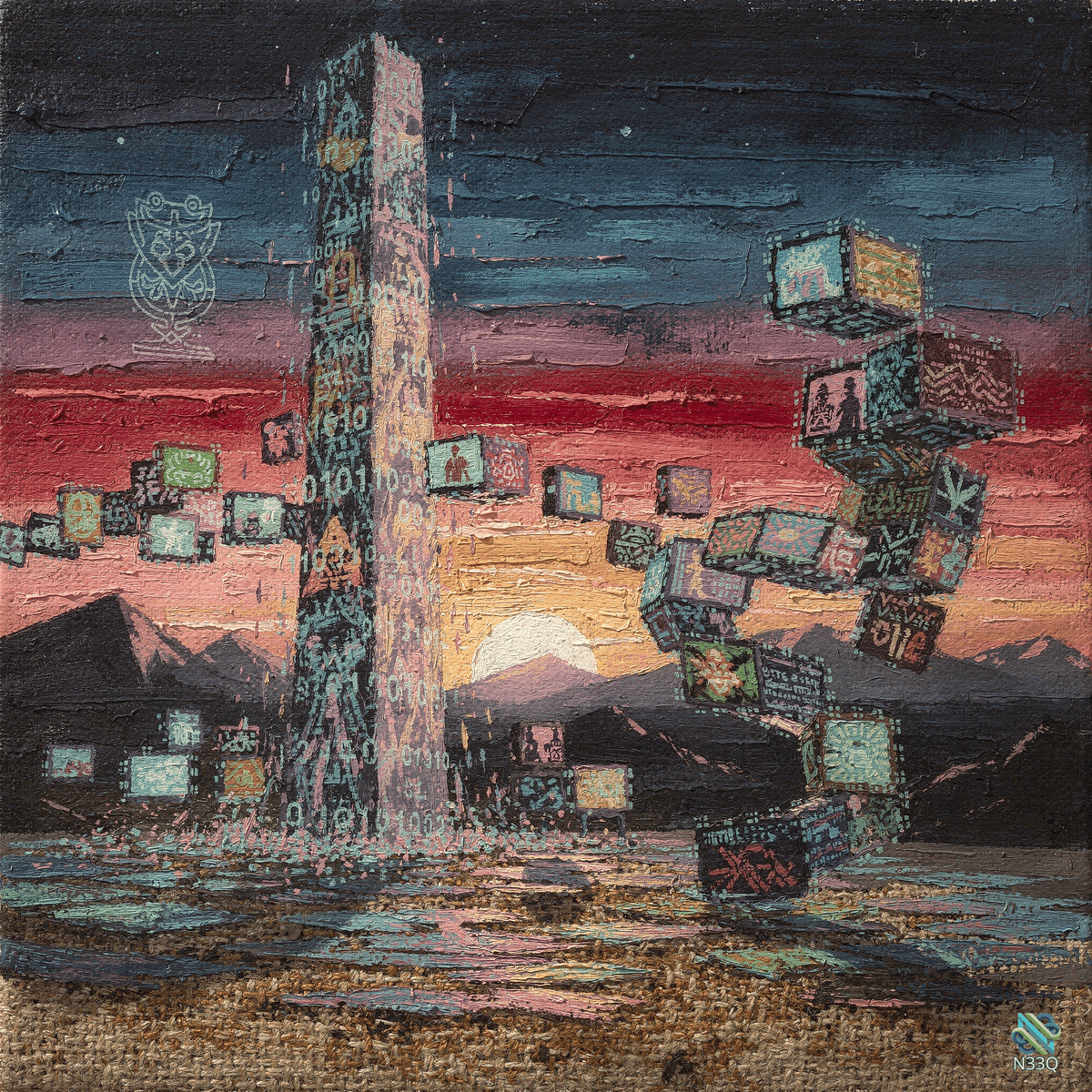 Binary Tower with Floating Digital Cubes at Sunset