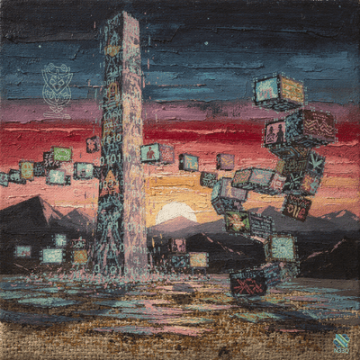 Binary Tower with Floating Digital Cubes at Sunset
