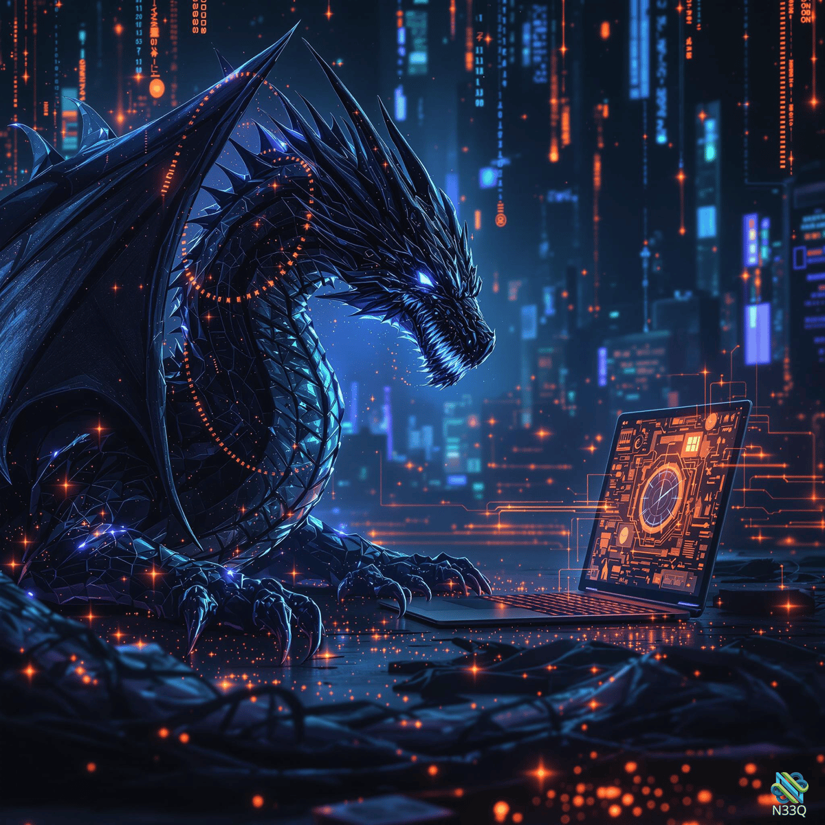 Neon Dragon With Futuristic Laptop