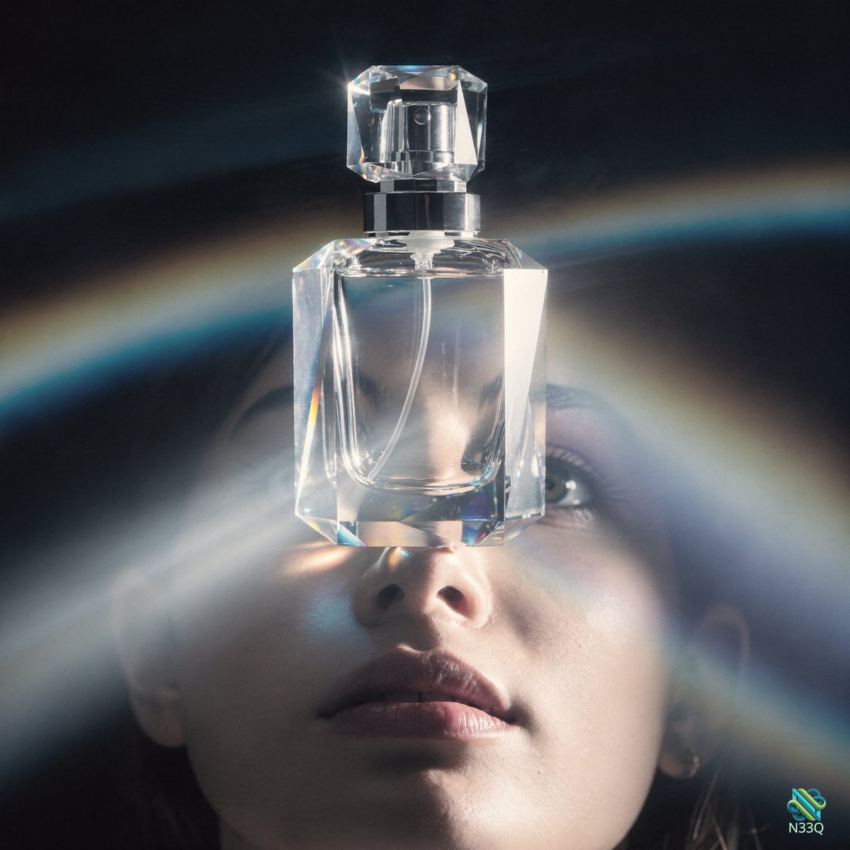 Crystal Perfume Bottle Over Woman's Eyes