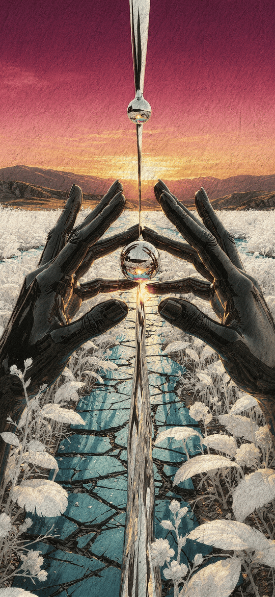 Metallic Hands Holding Water Droplet Over Frozen Stream