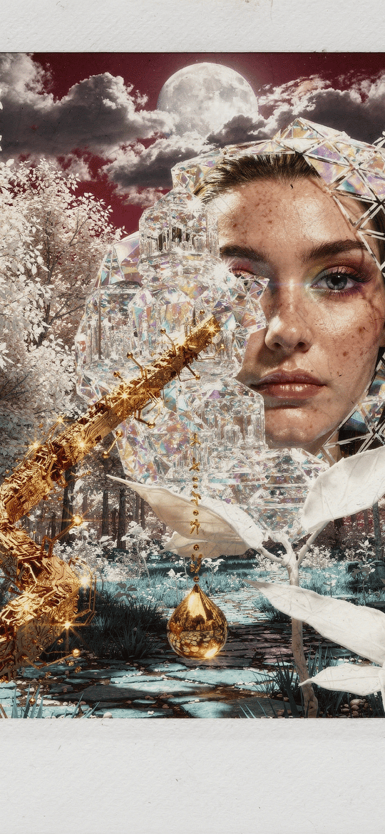 Woman's Face in a Crystal Frame in a White Forest