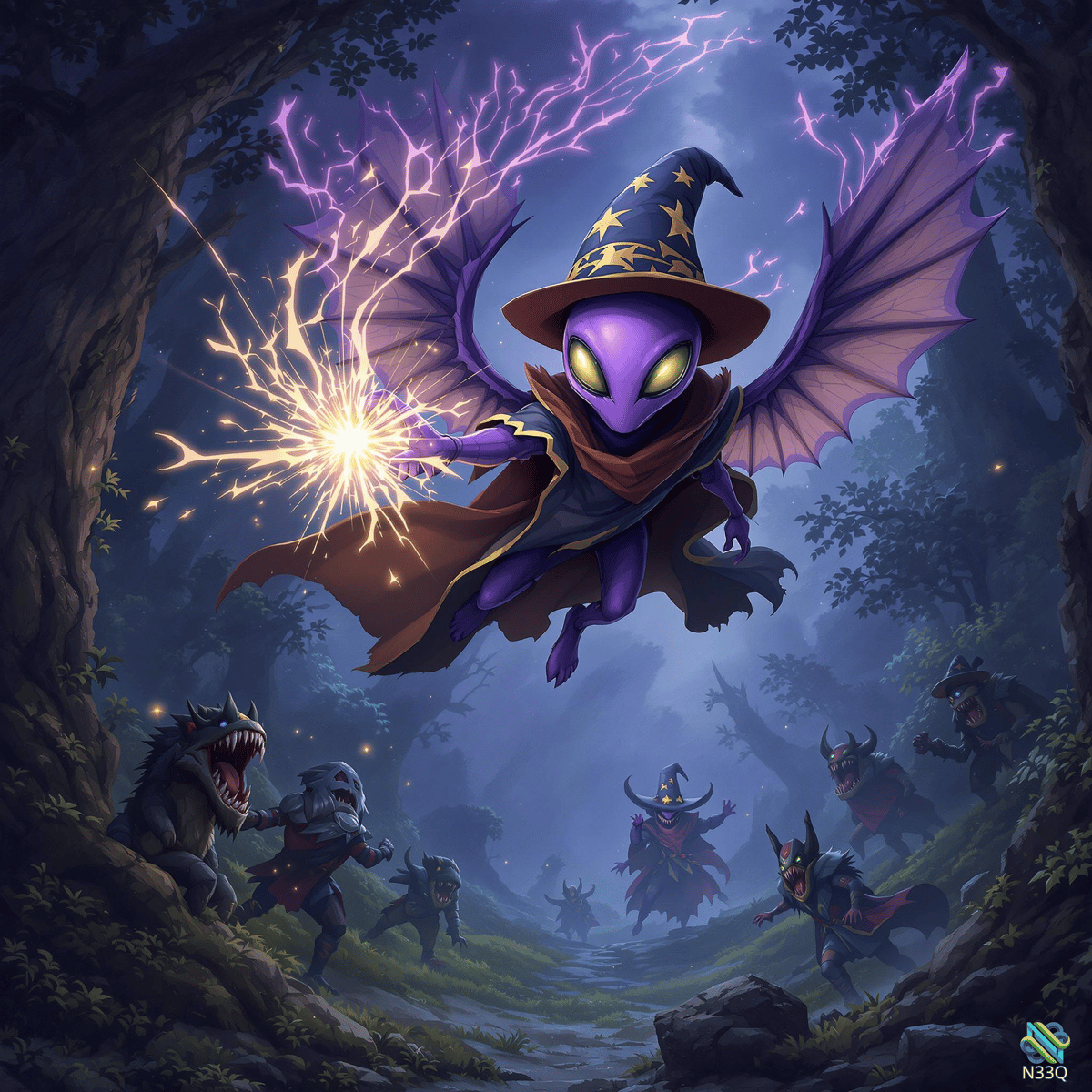 Purple Alien Wizard Flying in Forest