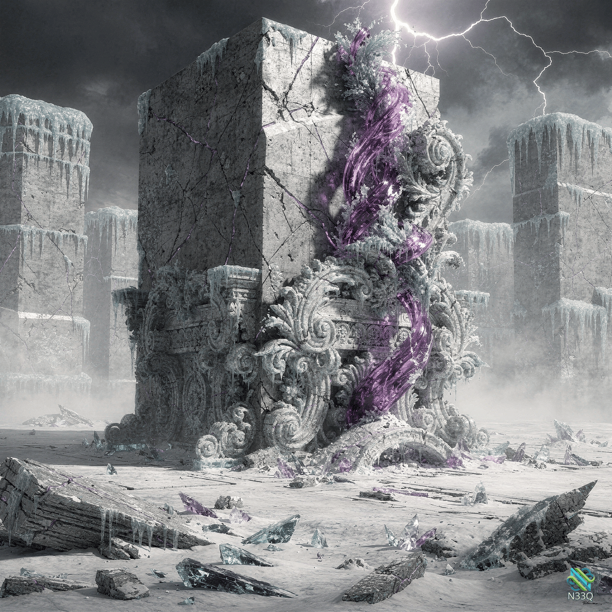 Frozen Ruins with Purple Energy Vortex