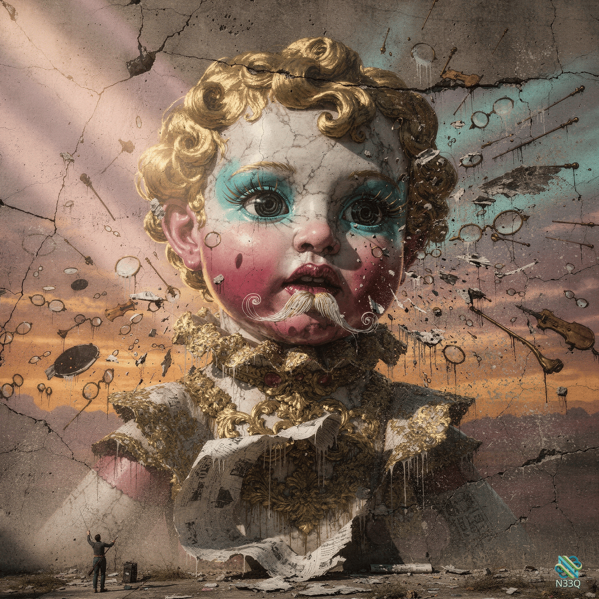Cracked Mural of Child with Mustache