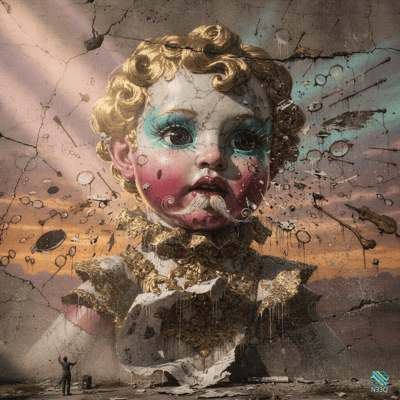 Cracked Mural of Child with Mustache