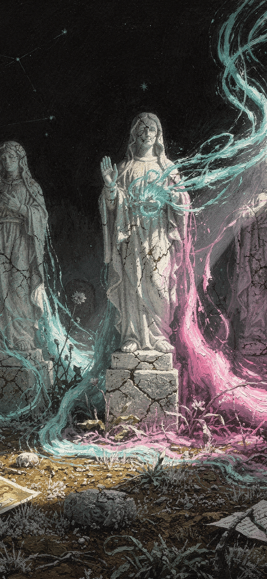 Stone Saints with Swirling Cyan Energy
