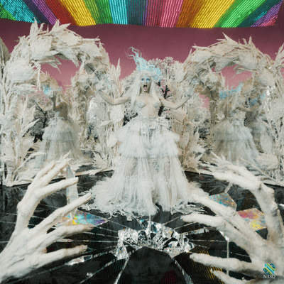 Blue-Haired Performer Amidst Feathers and Mirrors
