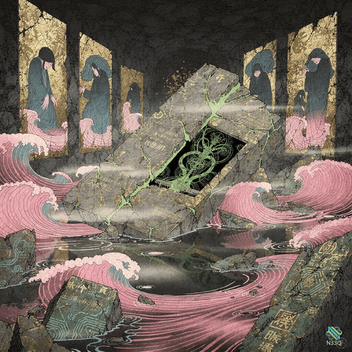 Shattered Tablet Amid Crashing Pink Waves