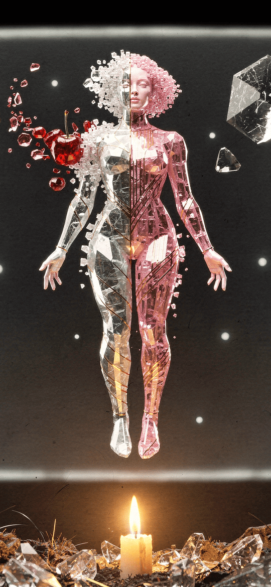 Half-Glass Half-Pink Crystal Woman in a Glowing Frame