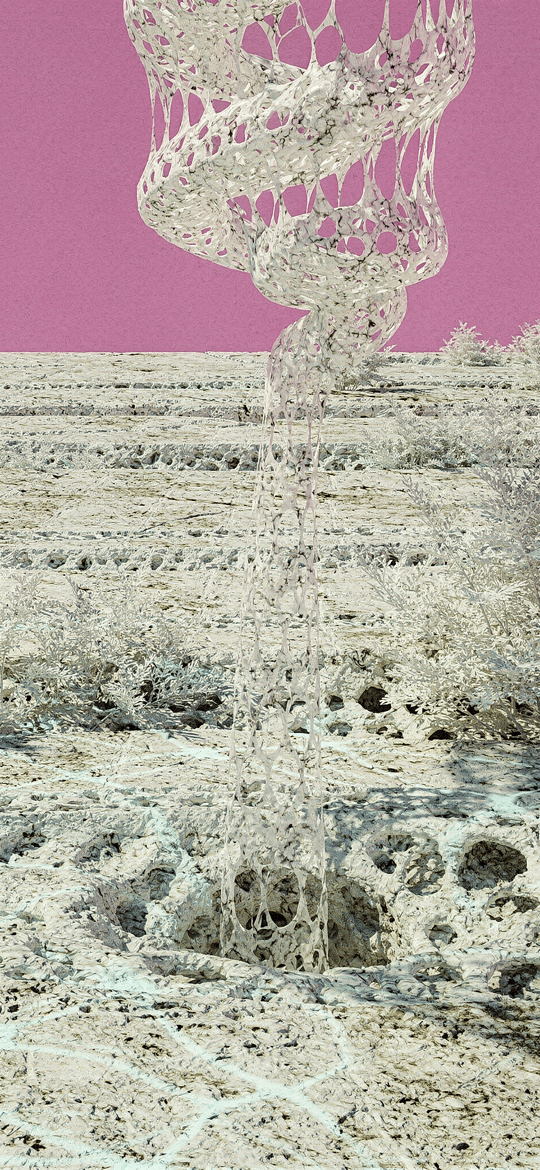 White Lattice Form Rising from Desert Hole
