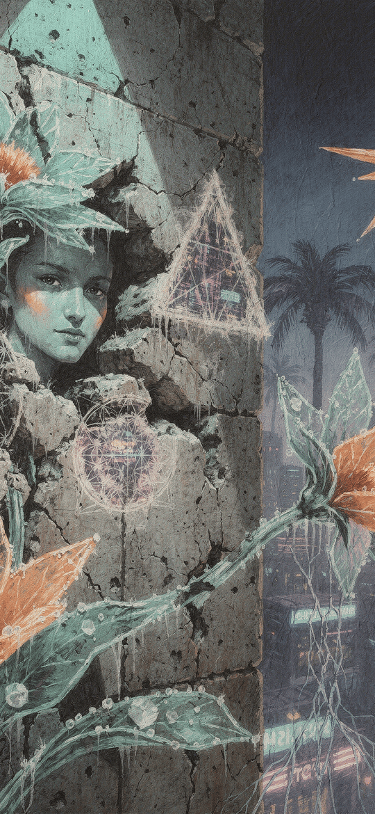Woman's Face Emerging from Cracked Wall with Flowers