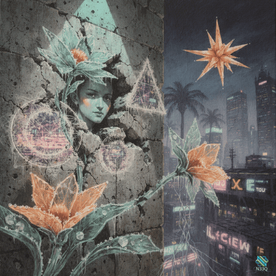 Woman's Face Emerging from Cracked Wall with Flowers