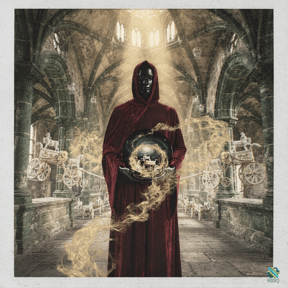 Hooded Figure Holding Orb of Carriages in Cathedral