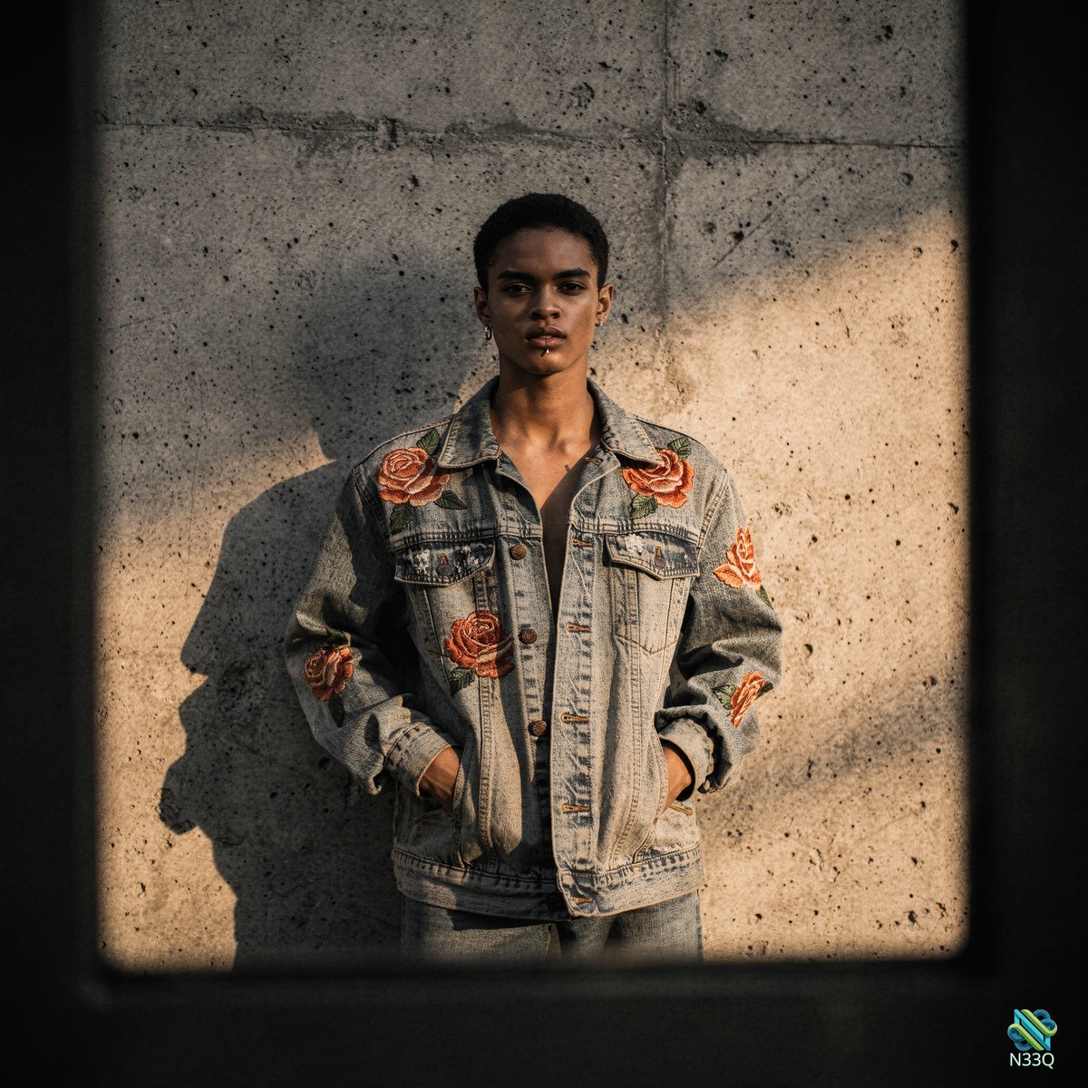 Young Man in Rose Embroidered Denim Jacket
