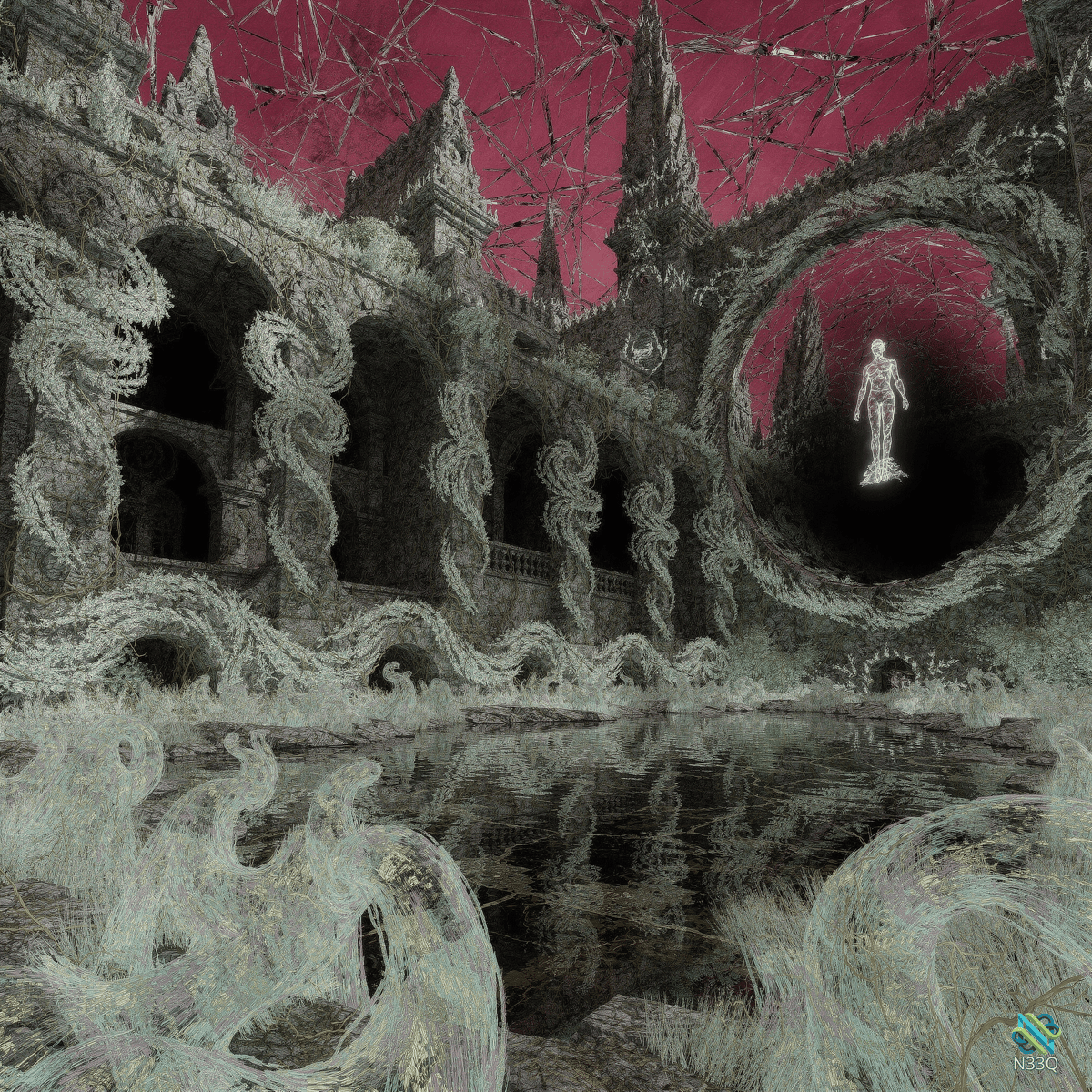 Glowing Figure in Cracked Gothic Ruins