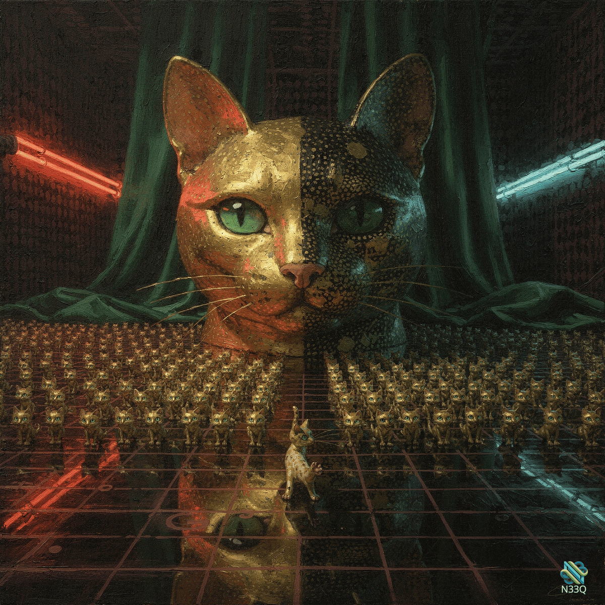 Split-Faced Cat Overlooking Golden Cat Army