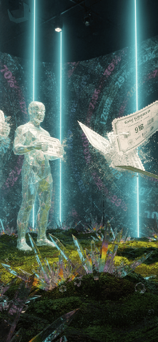 Glass Figures Holding Receipts Among Neon Pillars