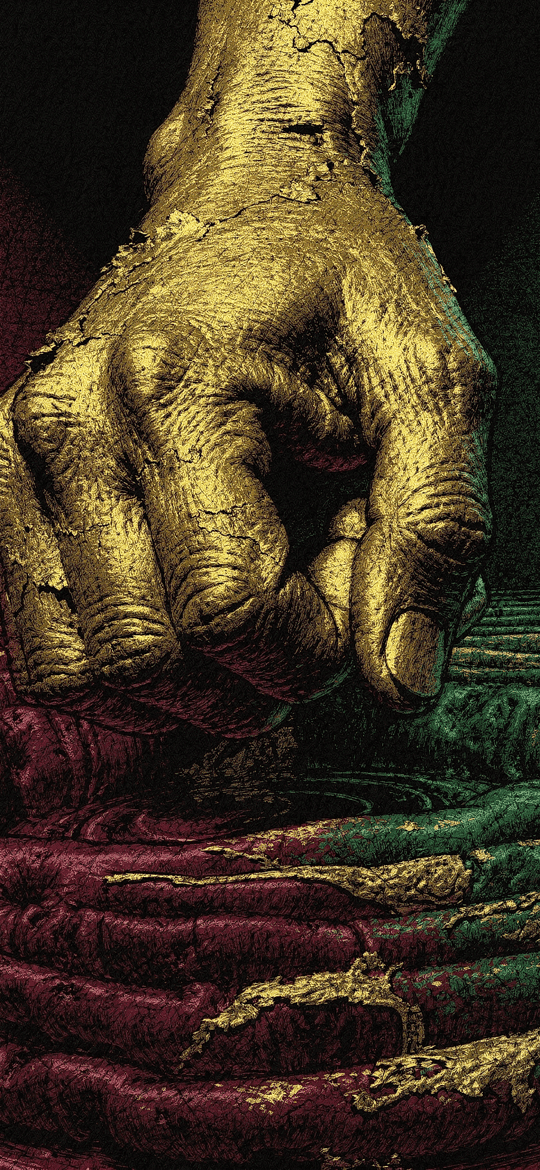 Cracked Golden Fist Over Spiraling Coils