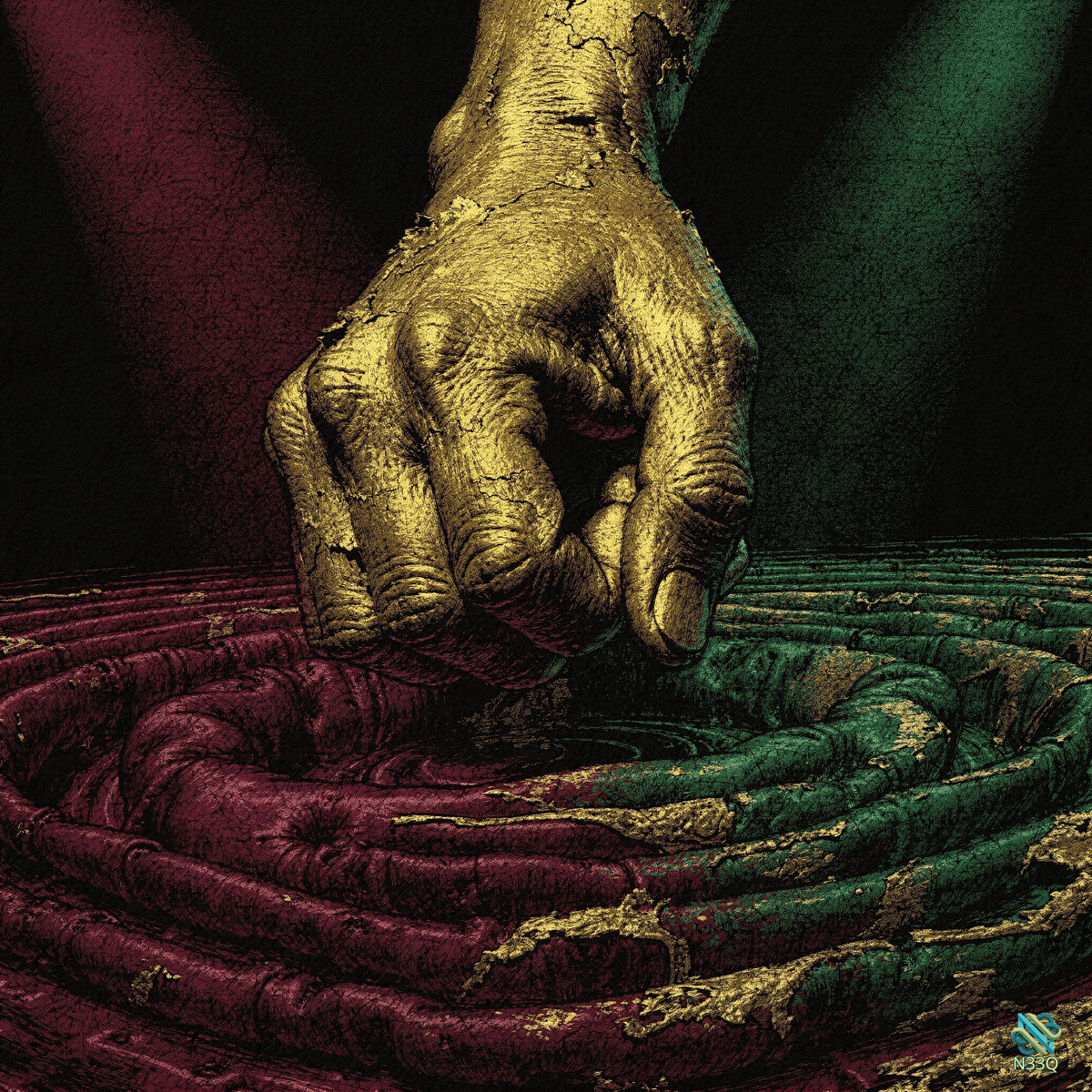 Cracked Golden Fist Over Spiraling Coils