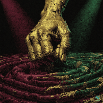 Cracked Golden Fist Over Spiraling Coils