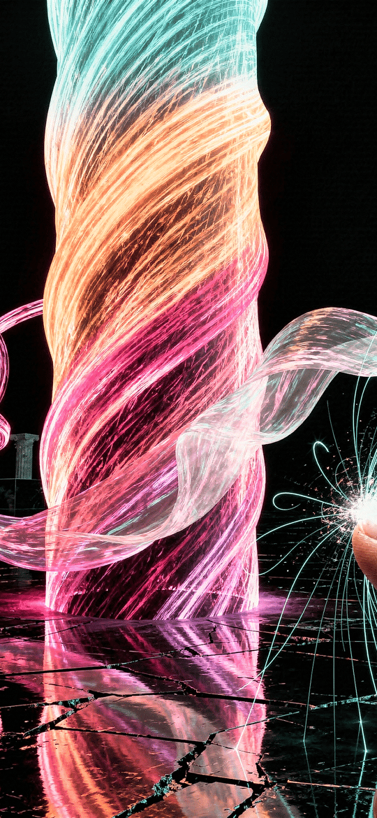 Finger Touching Neon Twisting Light Ribbon