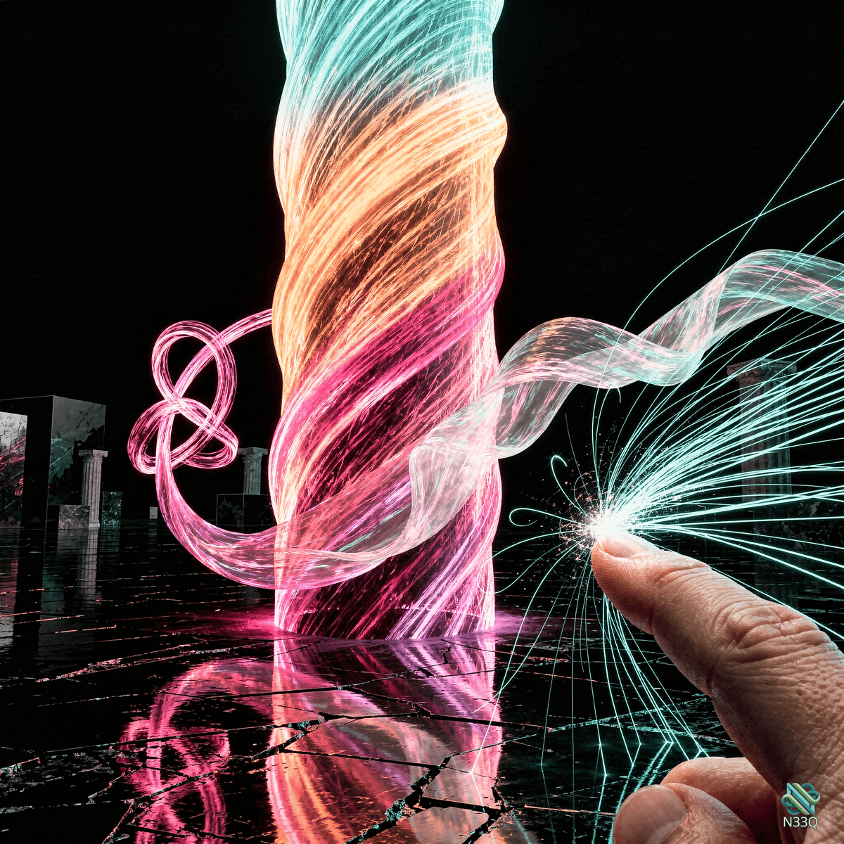 Finger Touching Neon Twisting Light Ribbon