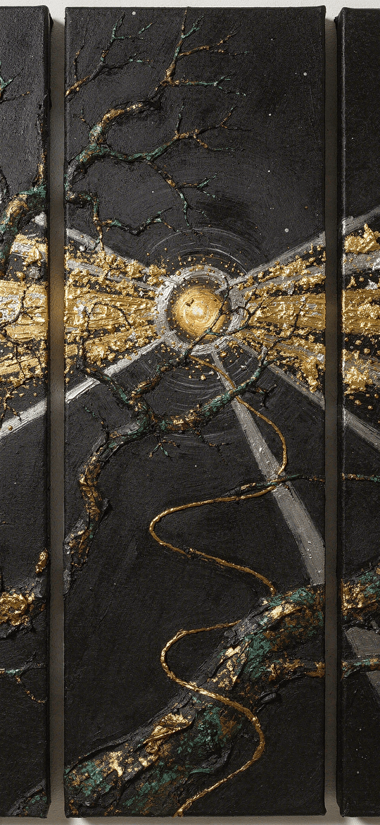 Triptych Golden Orb with Twisted Branches