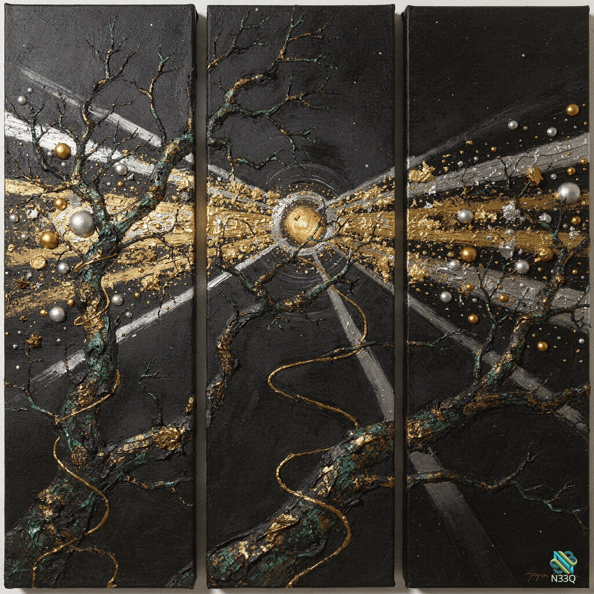 Triptych Golden Orb with Twisted Branches