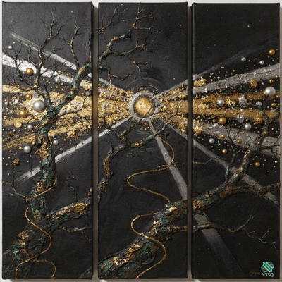 Triptych Golden Orb with Twisted Branches