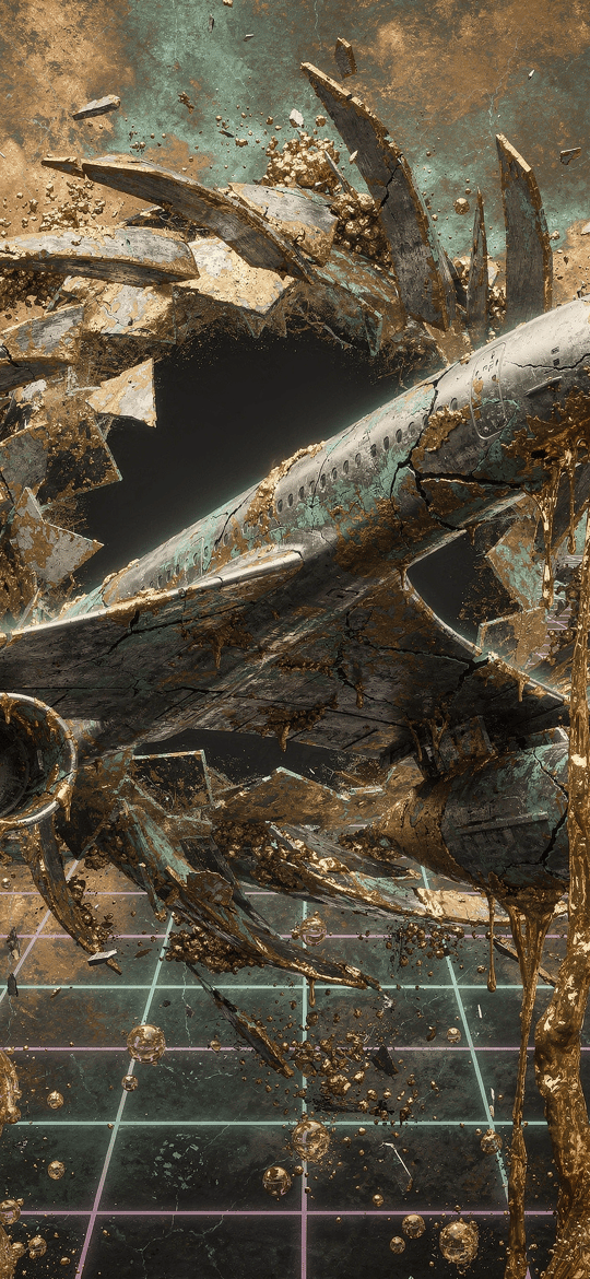 Jetliner Shattering Through Digital Grid Portal