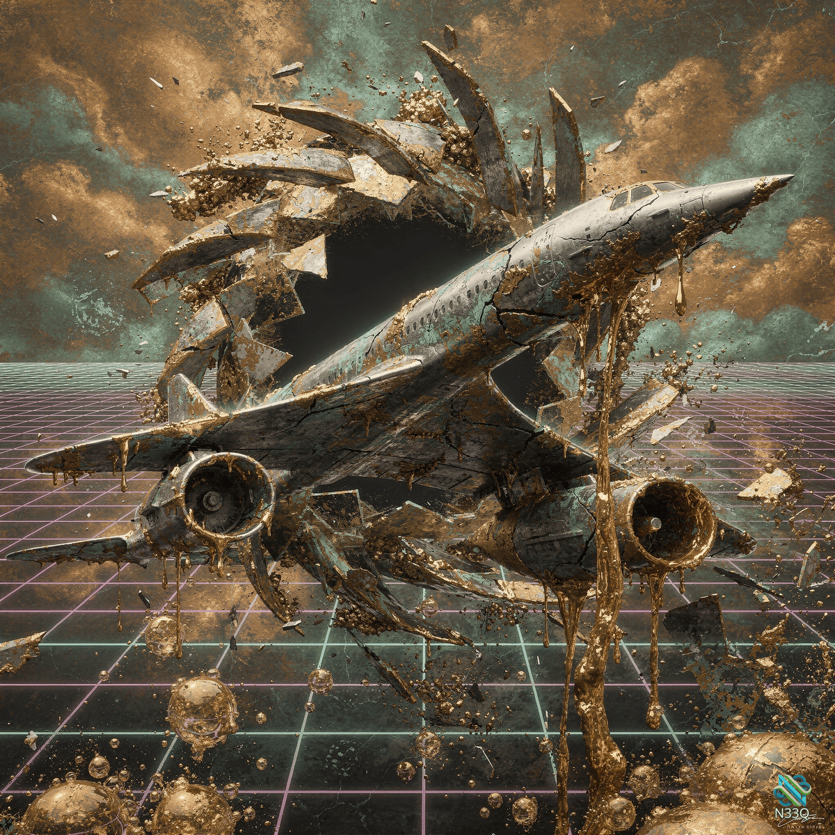 Jetliner Shattering Through Digital Grid Portal