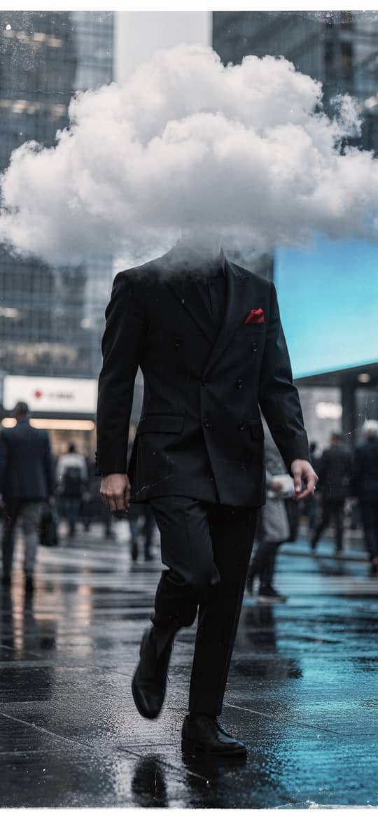 Businessman with Cloud Head in Rainy City